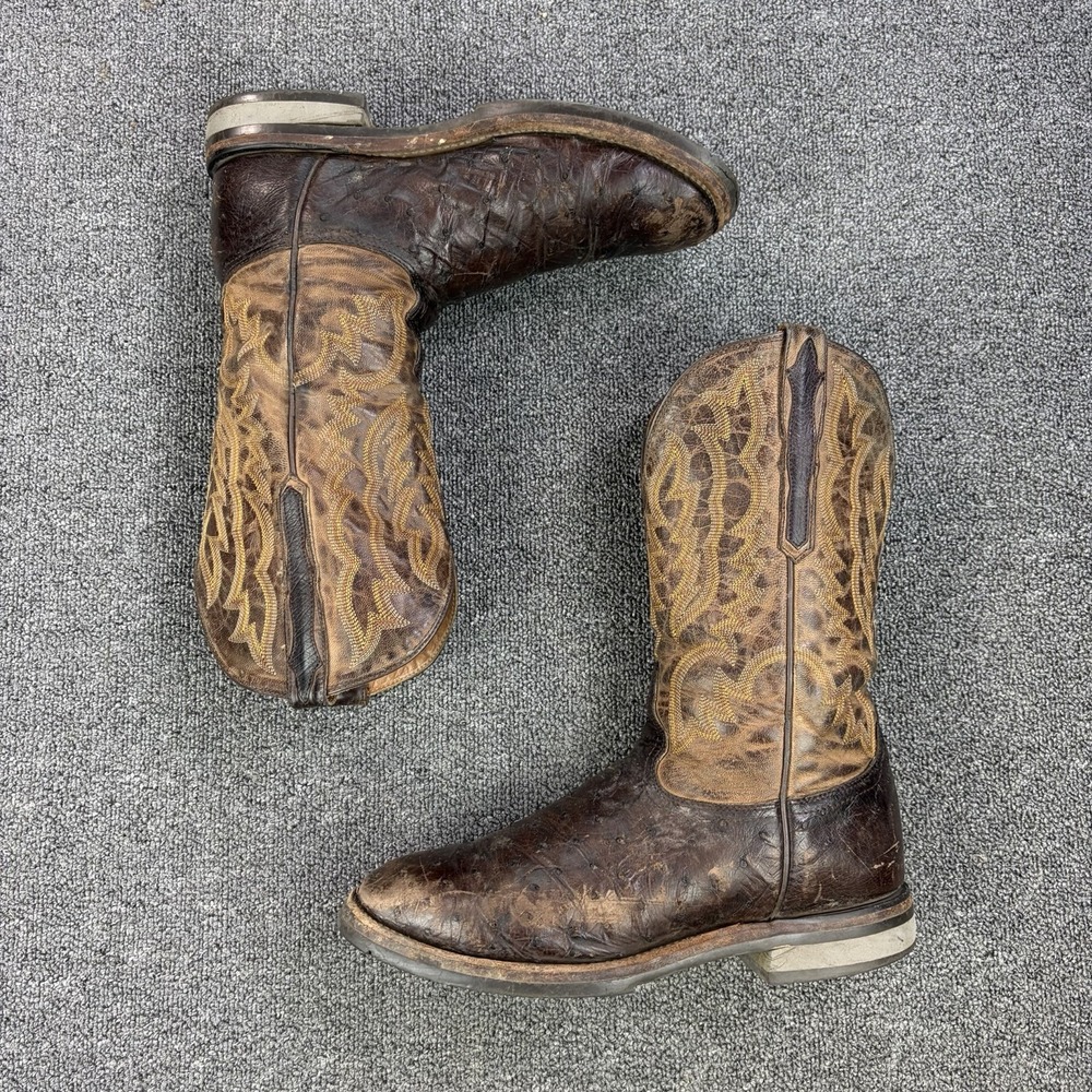 Lucchese Rowdy Ostrich Skin Brown Square Toe Western Boots 4557 Men's Size 10.5